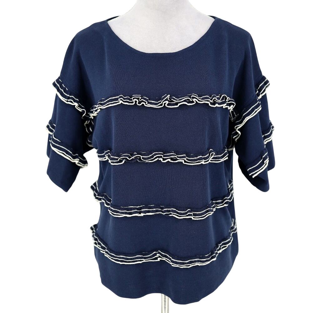 J Crew Sweater Womens Medium Navy Blue White Ruffle Top Cotton Knit Whimsy
